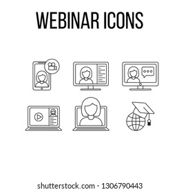 Webinar or online training set of icons; vector graphic symbol isolated on white. Great for consulting, conference or e-learning