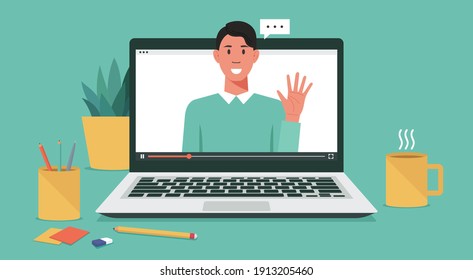 webinar online virtual meeting concept, remote working or work from home and anywhere, man using video conference via computer laptop screen, flat vector illustration
