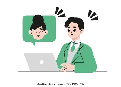 Concepto de reunión virtual en línea de seminarios web, trabajo a distancia o trabajo desde casa y desde cualquier lugar, hombre que utiliza videoconferencia a través de pantalla de ordenador portátil, ilustración vectorial plana
