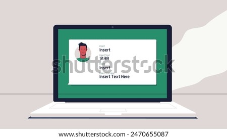 webinar online virtual meeting concept, remote working or work from home and anywhere, man using video conference via computer laptop screen, flat vector illustration.