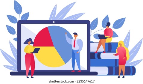 Webinar, people on online conference, business man working in office, education on internet, e-learning flat vector illustration.