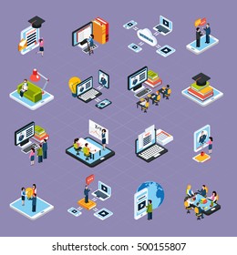 Webinar podcasting isometric icons set with laptop and people isolated vector illustration 