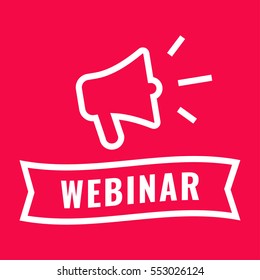 Webinar. Ribbon and megaphone icon. Flat vector illustration on red background.