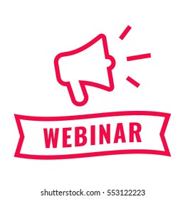 Webinar. Ribbon and megaphone icon. Flat vector illustration on white background.