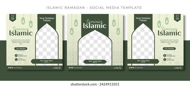 webinar seminar islamic sale, green social media post template design, event promotion vector banner