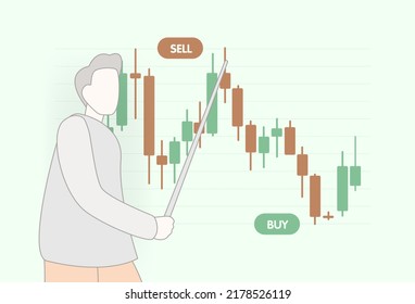 Webinar, seminar or lecture on financial trading on stock, forex or crypto market. Business financial analyst character tells how to trade with candlesticks, where to invest, buy, sell assets