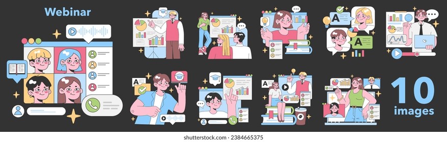 Webinar set. Engaging online education scenes with diverse participants. Screen sharing presentation, interactive Q and A, learning materials, brainstorming ideas. Flat vector illustration