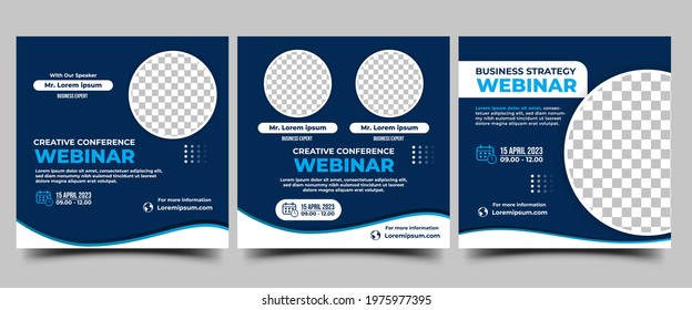 Webinar Social media post design template. Modern conference banner template with blue background and place for the photo. Vector design isolated