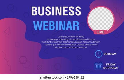 Webinar social media post. Modern banner with geometric purple background. Suitable for business webinar, conference announcements, and online seminar. Vector illustration.