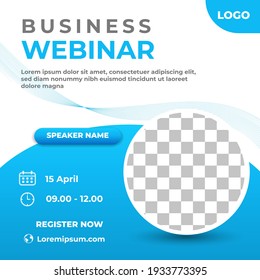 Webinar social media post template design. Blue and white background color with abstract shape line. Suitable for social media, banners, and web internet ads. Vector design with place for the photo.
