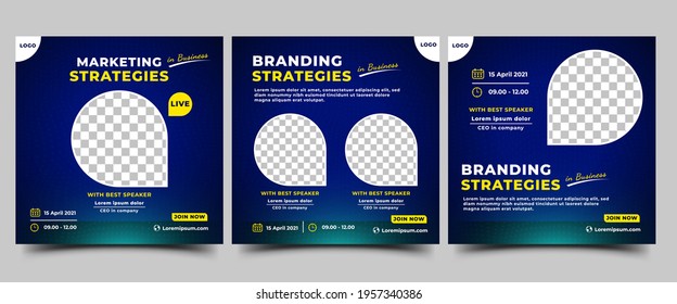 Webinar Social Media post template. Modern banner with abstract gradient blue background. Vector design with place for the photo. Suitable for social media post, banners, flyers, and website.