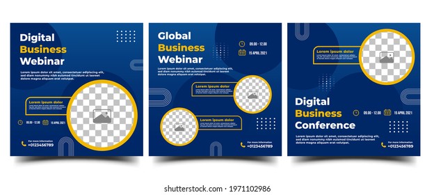 Webinar Social Media post template. Modern banner with abstract gradient blue background. Vector design with place for the photo. Suitable for social media, websites, banners, and flyers.