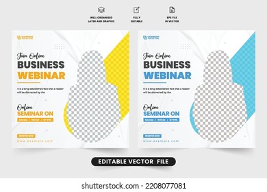 Seminario en redes sociales, vector de post para el marketing digital. Diseño de plantillas de anuncios comerciales en línea con colores amarillo y azul. Plantilla de seminario web para presentaciones de negocios o invitaciones a seminarios.