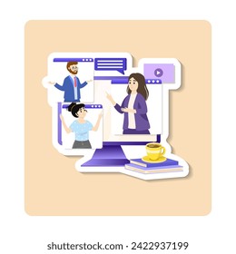 Webinar sticker illustration. Live streaming Distance and Online education. Online webinar. Video conference. People on computer screen. Webinar concept, online course
