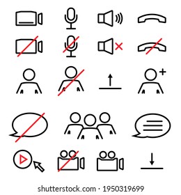 Webinar stream or video chat control icons. Speaker, microphone, video camera, phone, record and other related icons. Basic icons for Video Conference, Webinar and Video chat. Editable stroke