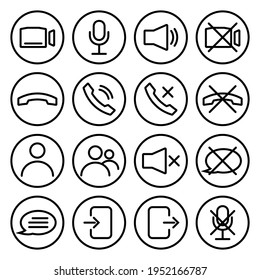 Iconos de control de conversación por streaming o video chat. Altavoz, micrófono, cámara de vídeo, teléfono, grabación y otros iconos relacionados. Iconos básicos para videoconferencia, seminario web y videochat. Trazo editable
