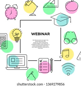Webinar, study, book, student, knowledge concept in thin line style. Vector illustration with outline icons. Distance online education, internet learning banner design. Education platform background.