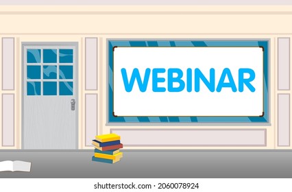 Webinar text with front door background. Bar, Cafe or drink establishment front with poster.