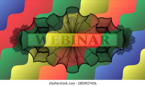 Webinar text inside Guilloche Colorful candy multicolored realistic emblem. Curvy fancy background. Illustration. 