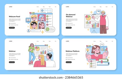 Webinar themes set. Virtual meeting platforms, interactive online education, diverse participants. Webcam live feed, on-demand sessions, presenter insights, and engaging audience interaction.