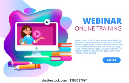 Webinar training and e-learning concept banner. Webinar, online video training, tutorial with teacher on laptop screen. Flat cartoon composition landing page web template isolated on white background