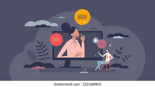 Webinar training and online distant education course tiny person concept. Elearning seminar with knowledge study vector illustration. Teaching and learning process using digital lesson technology.