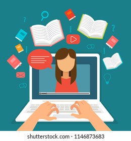 webinar training, online education at video blog concept, vector illustration