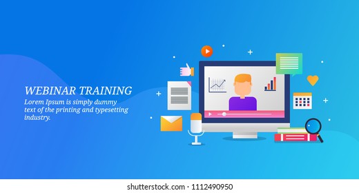 Webinar training - online seminar - web conference - online presentation - vector banner with icons