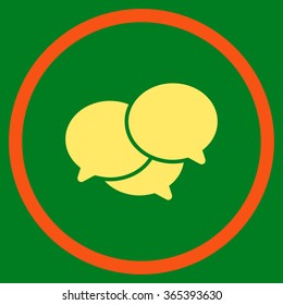 Webinar vector icon. Style is bicolor flat circled symbol, orange and yellow colors, rounded angles, green background.