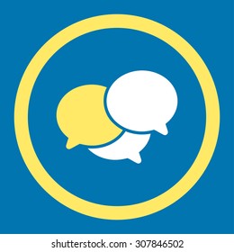 Webinar vector icon. This rounded flat symbol is drawn with yellow and white colors on a blue background.