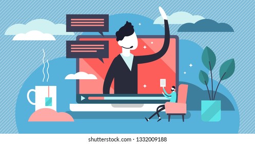 Webinar vector illustration. Flat tiny marketing video tool persons concept. Distance communication business management. Conference strategy to attract client. Questions and answers study or training.