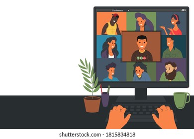 Webinar vector illustration, online meeting, work at home, flat design. Video conferencing, social distancing, business discussion. The character is talking with colleagues online. First-person view