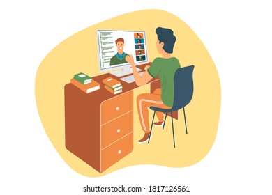 Webinar vector illustration, online meeting, work at home, flat design. Video conferencing, social distancing, business discussion. The character is watching webinar or talking with colleagues online.