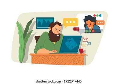 Vector web Ilustración, concepto de reunión en línea, trabajo desde casa, diseño plano. Videoconferencia, teletrabajo, distanciamiento social, discusión de negocios. Personaje hablando con colegas en línea.