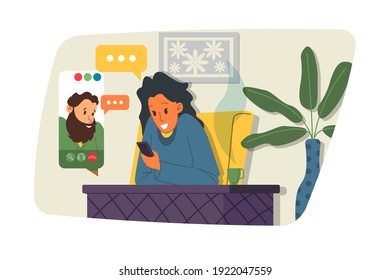 Webinar vector Illustration, online meeting concept, work from home, flat design. Video conferencing, teleworking, social distancing, business discussion. Character talking with colleagues online.