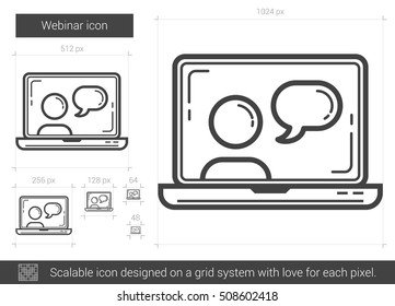 Webinar, Vektorsymbol einzeln auf weißem Hintergrund. Webinar-Zeilensymbol für Infografik, Website oder App. Skalierbares Symbol, das auf einem Gittersystem entworfen wurde.