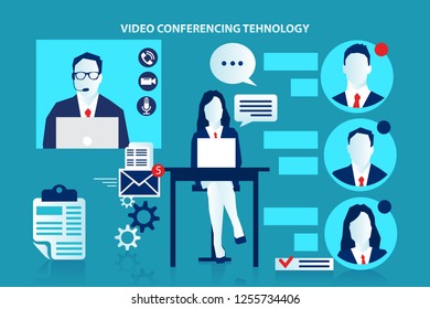 Webinar, video web conferencing technology, holding online meetings and presentations over internet on laptop computer. Eps Vector illustration. Minimalist white blue flat business style modern design