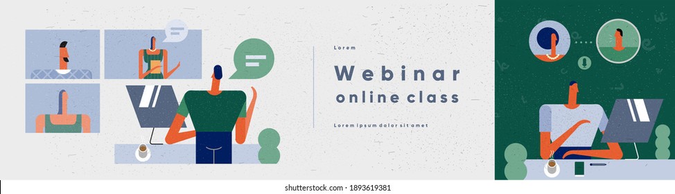 Webinar and videoconference. People and technology in the modern world. Vector illustration. Web size and cover. Minimalistic style for animation and presentations.