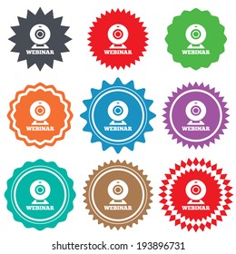 Webinar web camera sign icon. Online Web study symbol. Website e-learning navigation. Stars stickers. Certificate emblem labels. Vector