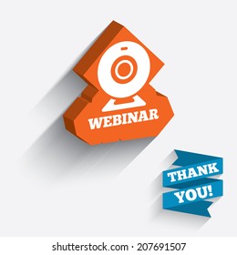 Webinar web camera sign icon. Online Web study symbol. Website e-learning navigation. White icon on orange 3D piece of wall. Carved in stone with long flat shadow. Vector