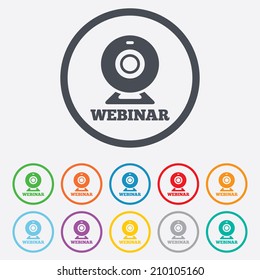 Webinar web camera sign icon. Online Web study symbol. Website e-learning navigation. Round circle buttons with frame. Vector