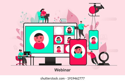 Webinar web concept design in flat style. Distance education and skills development. Online video conference scene visualization. Vector illustration with tiny people characters in life situation.