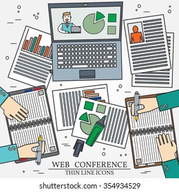 Webinar, web conference concept icon thin line for web and mobile, modern minimalistic flat design. Vector dark grey icon on light grey background.