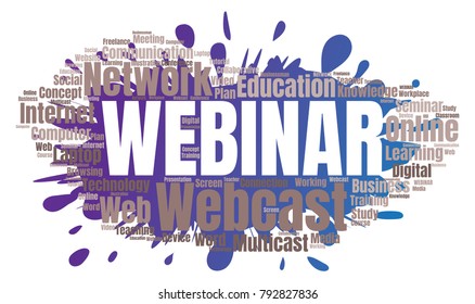 Webinar or Webcast Word Cloud. Webinar Collage or Multicast Concept Vector Illustration