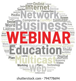 Webinar or Webcast Word Cloud. Webinar Collage or Multicast Concept Vector Illustration