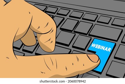 Webinar word on computer keyboard. Man push keypad on laptop. Comic book style concept.