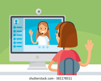 Webinar. Young woman sitting at, in front of  notebook, talking chatting over video chat  app. Video chat between two girls. Girl video calling, conversation, using messenger, video conference.