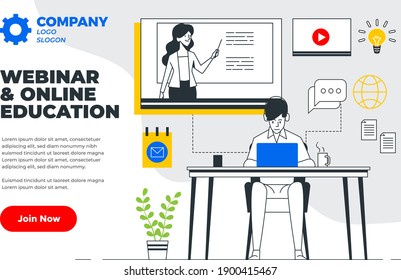 Webinar,Online Education Social Media Design for Business, Education purpose- modern colorful vector design template-layout-easy to edit-isometric cartoon characters-teacher-students-girl-boy-laptop