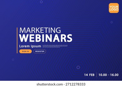Webinars banner template with dark blue geometric background and user interface buttons. Concept of online business seminar invitation, digital conference landing page, corporate event presentation.