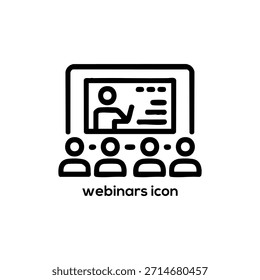 Webinars Icon With Audience And Presenter, Online Training Conference Symbol, Virtual Meeting Education Outline Vector Illustration Design Template Clipart

